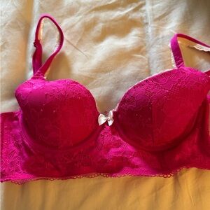 Victoria's Secret Fuchsia Lace Longline Bra with Center Bow